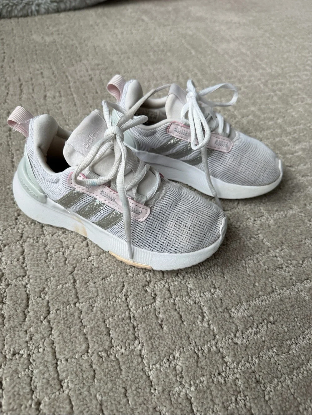 Adidas Kids White & Light Pink Athletic Sneakers Size 11